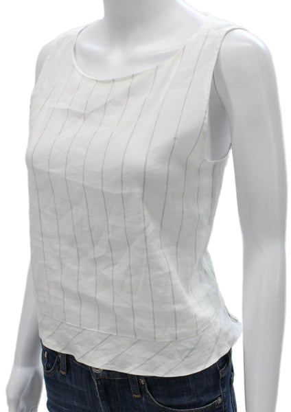 Amannna Women White Striped Scoop Neck Sleeveless Tank Top Linen Size S