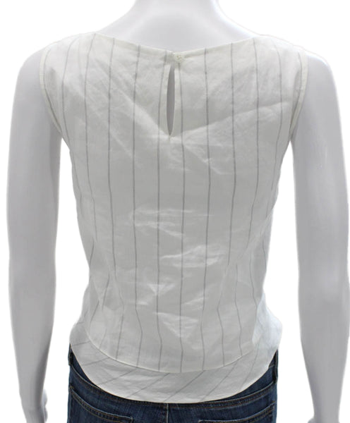 Amannna Women White Striped Scoop Neck Sleeveless Tank Top Linen Size S