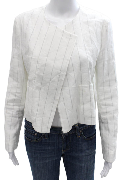 Amannna Womens Basic Jacket White Linen Striped Long Sleeve Button Size S