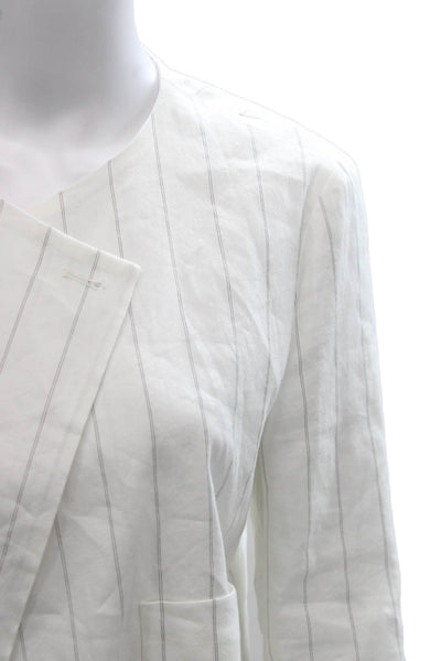 Amannna Womens Basic Jacket White Linen Striped Long Sleeve Button Size S