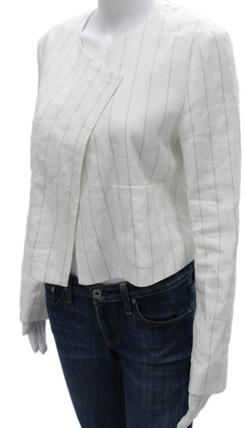 Amannna Womens Basic Jacket White Linen Striped Long Sleeve Button Size S