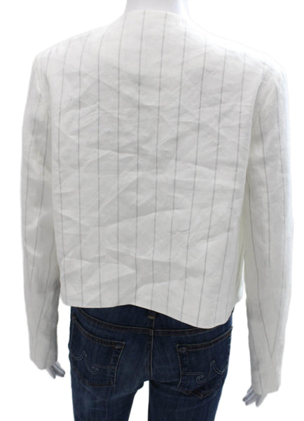 Amannna Womens Basic Jacket White Linen Striped Long Sleeve Button Size S