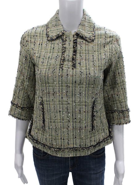 Brooks Brothers Womens Basic Jacket Green Silk Checked 3/4 Sleeve Size 0P