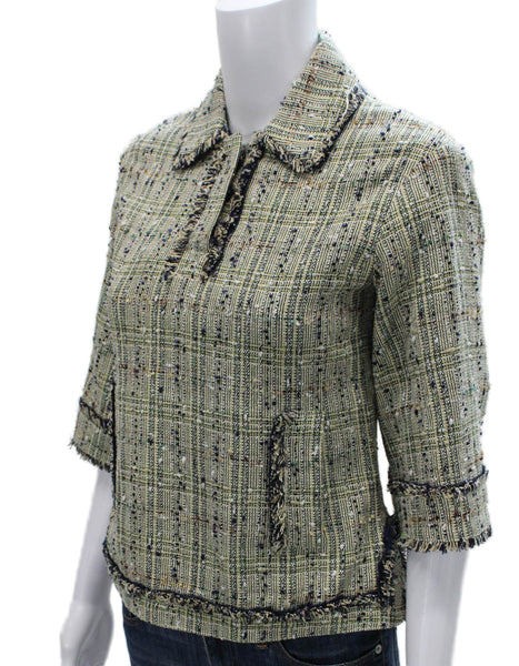 Brooks Brothers Womens Basic Jacket Green Silk Checked 3/4 Sleeve Size 0P