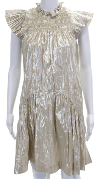 Sea New York Women Shift Dress Gold High Neck Short Sleeve Cotton Zip Size XS