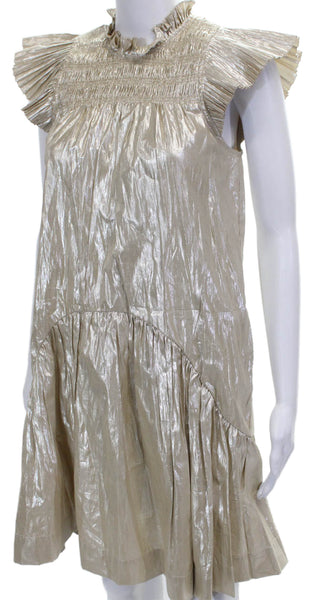 Sea New York Women Shift Dress Gold High Neck Short Sleeve Cotton Zip Size XS