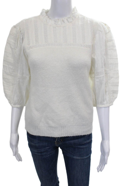Sea New York Womens White High Neck Pullover Sweater 3/4 Sleeve Button Size XS