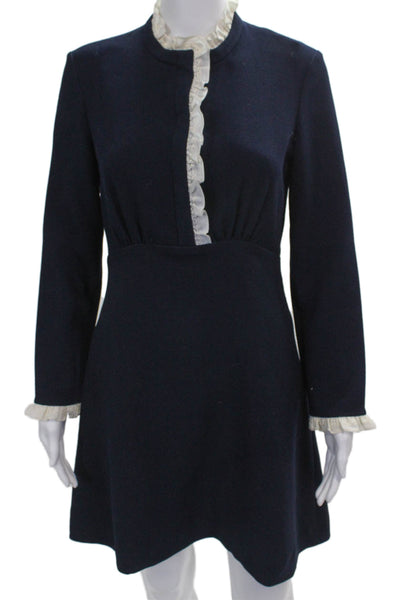 Sandro Womens Shift Dress Blue Midi High Neck Long Sleeve Polyester Zip Size 2