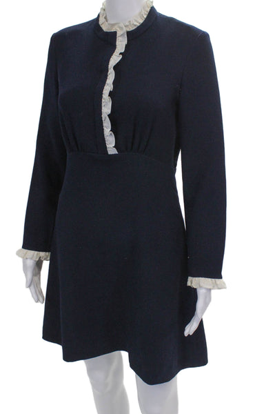 Sandro Womens Shift Dress Blue Midi High Neck Long Sleeve Polyester Zip Size 2