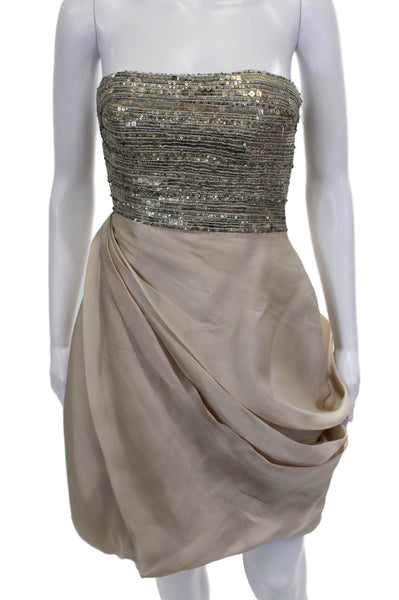 Christian Siriano Women Silver Silk Sweetheart Mini Dress Sleeveless Zip Size 4