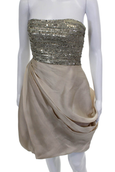 Christian Siriano Women Silver Silk Sweetheart Mini Dress Sleeveless Zip Size 4