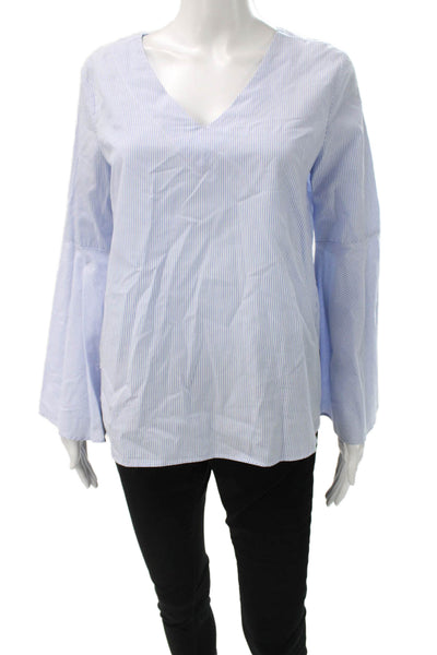 Zara Woman Women Striped V-Neck Basic Blouse Blue Cotton Long Sleeve Size S