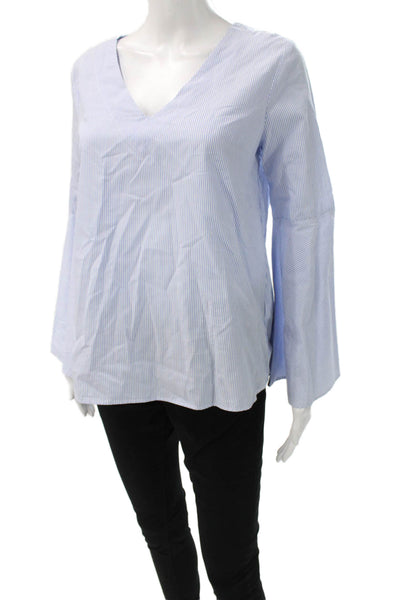 Zara Woman Women Striped V-Neck Basic Blouse Blue Cotton Long Sleeve Size S