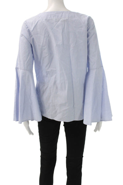 Zara Woman Women Striped V-Neck Basic Blouse Blue Cotton Long Sleeve Size S