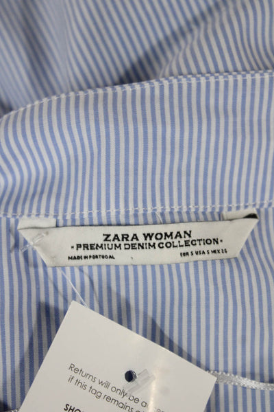 Zara Woman Women Striped V-Neck Basic Blouse Blue Cotton Long Sleeve Size S