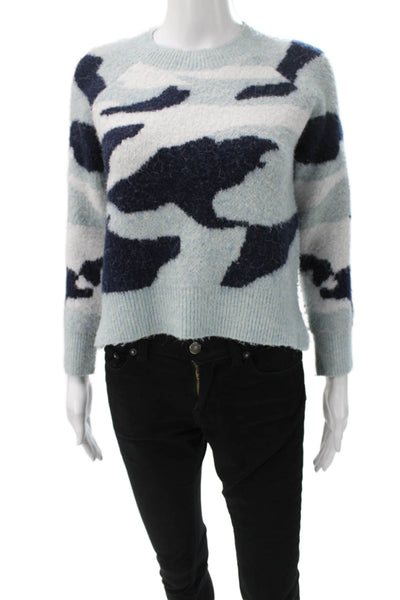 Aqua Women Pullover Sweater Blue Camouflage Crew Neck Long Sleeve Fall Size S