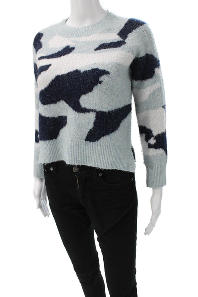 Aqua Women Pullover Sweater Blue Camouflage Crew Neck Long Sleeve Fall Size S