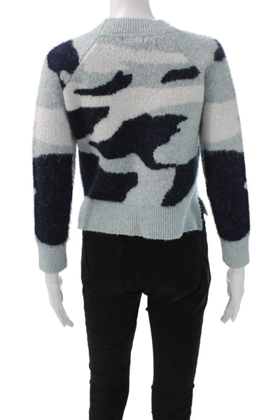 Aqua Women Pullover Sweater Blue Camouflage Crew Neck Long Sleeve Fall Size S