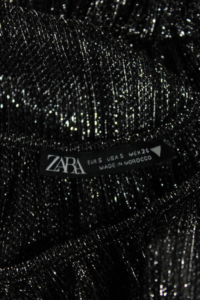 Zara Womens Basic Silver Polyester Round Neck Long Sleeve Blouse Size S
