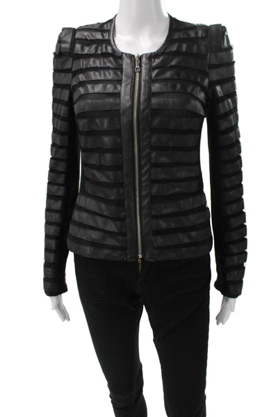 Fun and Fun Womens Basic Faux Leather Striped Black Jacket Size S