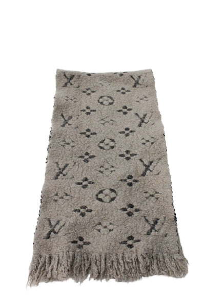 Louis Vuitton Womens Monogram Print Boucle Scarf Brown Beige Wool Blend