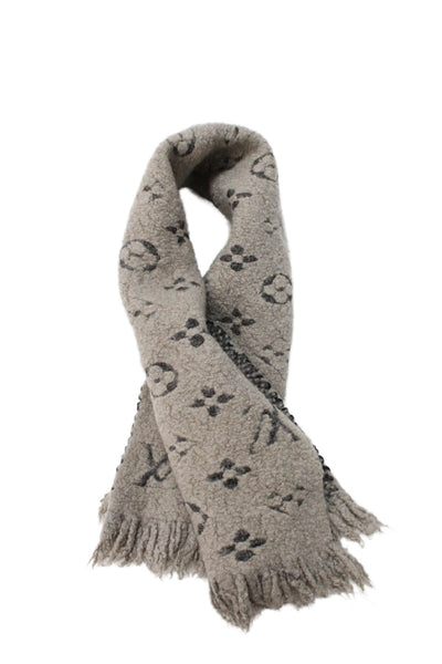 Louis Vuitton Womens Monogram Print Boucle Scarf Brown Beige Wool Blend