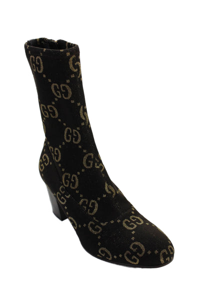 Gucci Womens Jacquard Monogram Print Ankle Boots Brown Gold Size 7