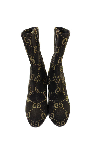 Gucci Womens Jacquard Monogram Print Ankle Boots Brown Gold Size 7