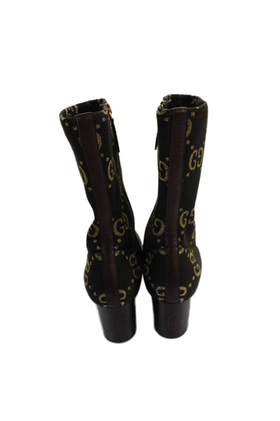 Gucci Womens Jacquard Monogram Print Ankle Boots Brown Gold Size 7