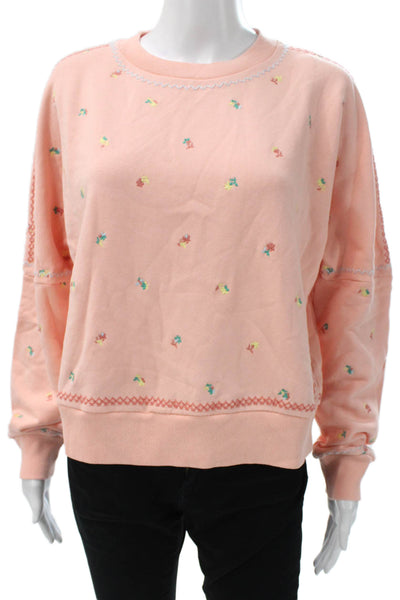 Something Navy Women Pullover Pink Floral Cotton Long Sleeve Crewneck Size XS