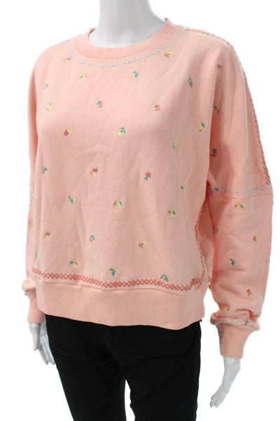 Something Navy Women Pullover Pink Floral Cotton Long Sleeve Crewneck Size XS