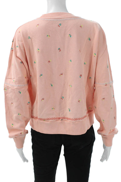 Something Navy Women Pullover Pink Floral Cotton Long Sleeve Crewneck Size XS