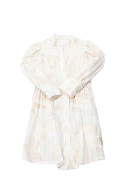 ELEVENTY Girls Button Front Long Sleeve Leaf Printed Dress White Beige Size 8