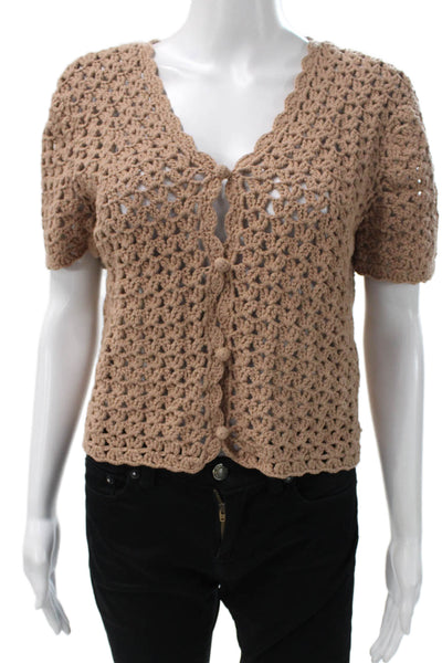 DH New York Women Beige Wool V Neck Geometric Short Sleeve Cardigan Size S