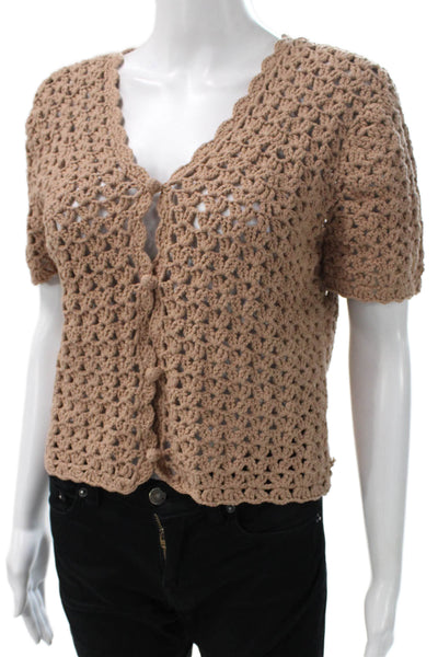 DH New York Women Beige Wool V Neck Geometric Short Sleeve Cardigan Size S