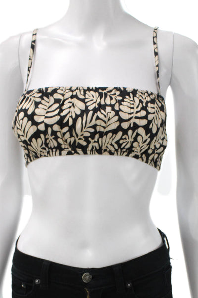 We Wore What Womens Bralette Black Linen Square Neck Floral Sleeveless Size S