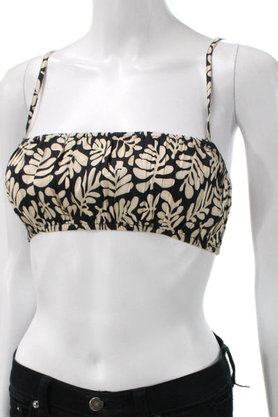 We Wore What Womens Bralette Black Linen Square Neck Floral Sleeveless Size S
