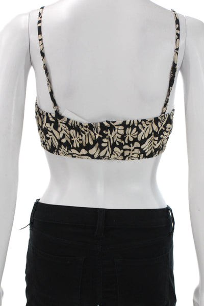 We Wore What Womens Bralette Black Linen Square Neck Floral Sleeveless Size S
