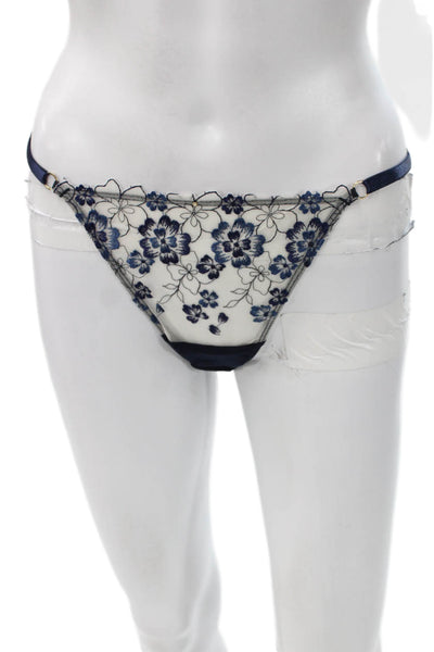 Gooseberry Womens Floral Printed Mesh Thong Panties Navy Blue White One Size
