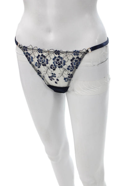 Gooseberry Womens Floral Printed Mesh Thong Panties Navy Blue White One Size