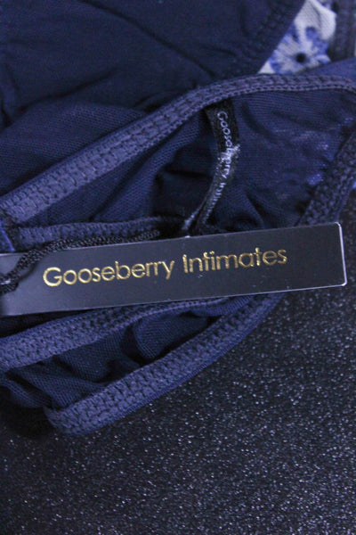 Gooseberry Womens Floral Printed Mesh Thong Panties Navy Blue White One Size