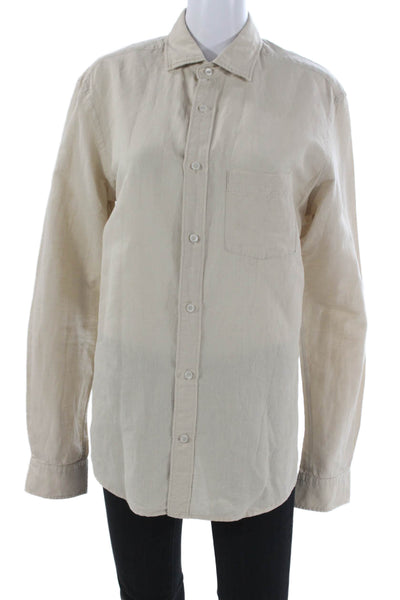 MNG Womens Basic Linen Collared Button-Up Long Sleeve Beige Size S