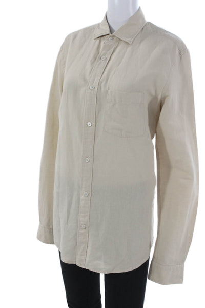 MNG Womens Basic Linen Collared Button-Up Long Sleeve Beige Size S