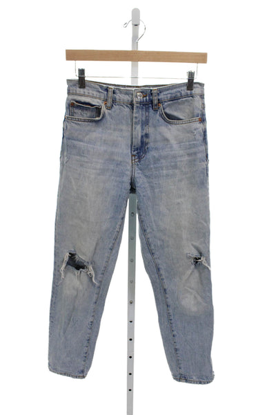 Zara Womens Tapered Jeans Blue High Rise Cotton Blend Button Size 2