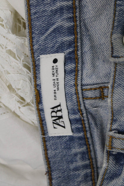 Zara Womens Tapered Jeans Blue High Rise Cotton Blend Button Size 2