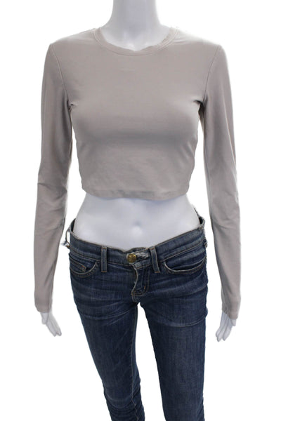 Alo Women Cropped T-Shirt Gray Long Sleeve Crew Neck Polyester Size S