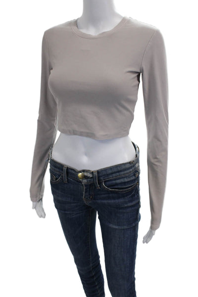 Alo Women Cropped T-Shirt Gray Long Sleeve Crew Neck Polyester Size S