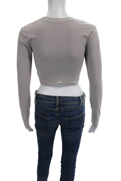 Alo Women Cropped T-Shirt Gray Long Sleeve Crew Neck Polyester Size S