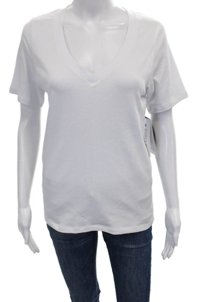 Athleta Women Basic V-Neck Short Sleeve White Polyester T-Shirt Size L