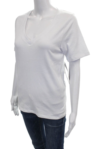 Athleta Women Basic V-Neck Short Sleeve White Polyester T-Shirt Size L